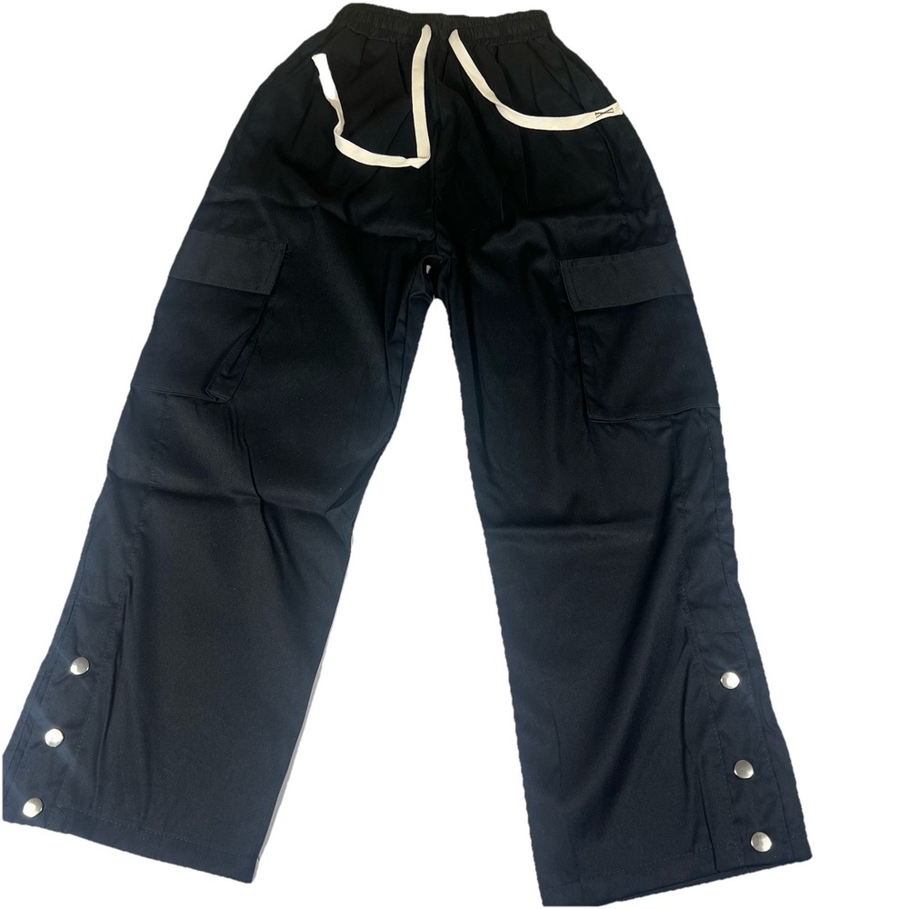 Unisex Black Cargo Pants Drawstring Elastic Waist Snap Hem Wide Leg Size L